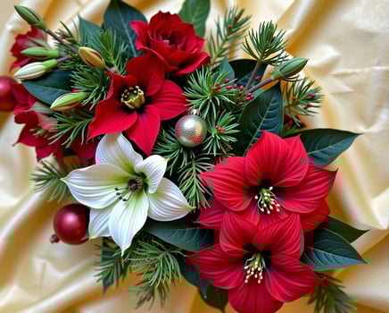 Colorful Floral Arrangement with Red and White Flowers and Greenery photo