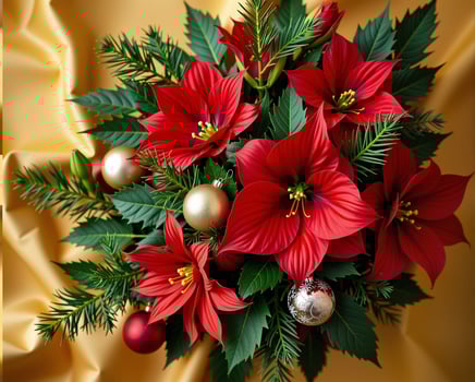 Vibrant Christmas Bouquet with Red Poinsettias and Decorated Ornaments photo