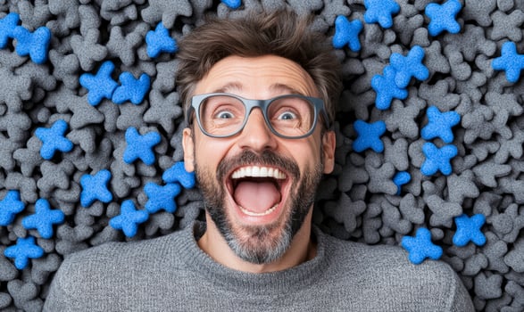 A man with glasses and a smile is surrounded by blue stars photo