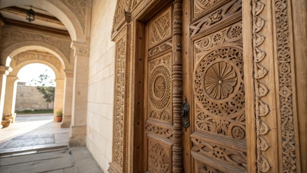 The door of a building with intricate carvings photo