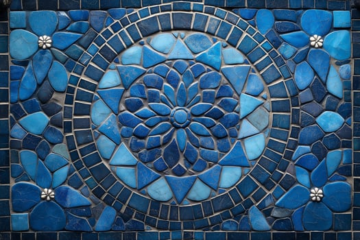 Intricate blue mosaic tile art showcasing floral designs and geometric patterns in a vibrant display. photo