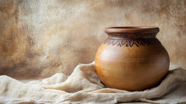 Rustic Brown Vase on Linen Surface with Space for Text photo