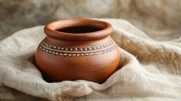 Refreshing Jaljeera in a Traditional Clay Pot on Linen Surface photo