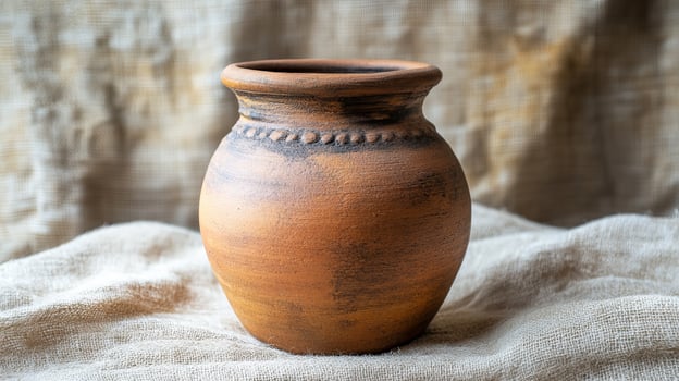 Clay Vase on White Linen Surface with Copy Space photo