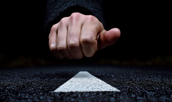 A hand pointing at a white line on the road photo