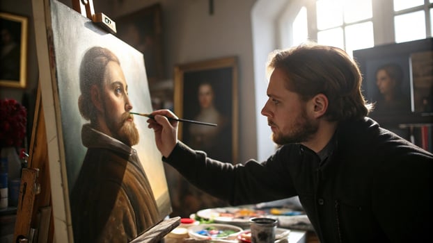 A man is painting a portrait of himself photo