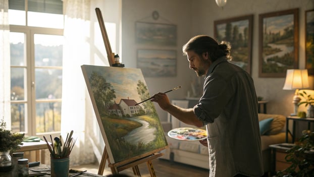 A man is painting a painting in his home photo