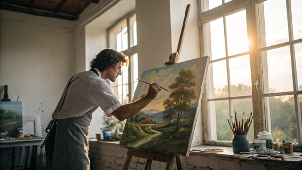 A man is painting a landscape in an art studio photo