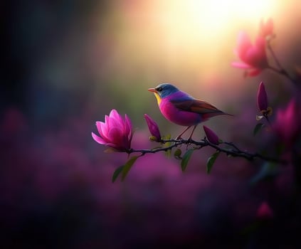 A bird is perched on a branch with pink flowers photo