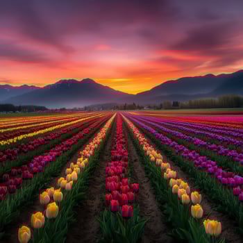 Colorful tulip fields in vibrant spring sunset photo