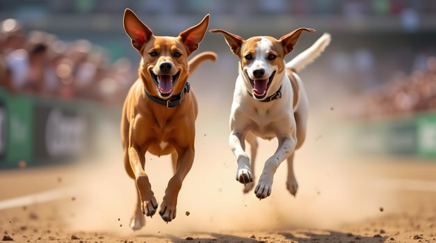 Two dogs running on a dirt track photo