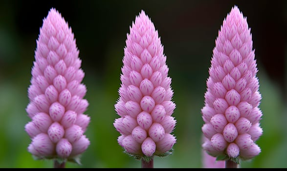 Three purple flowers are shown in a row photo