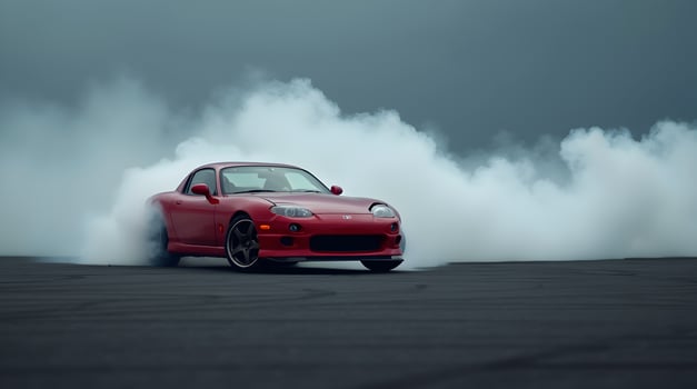 A red sports car driving through smoke photo