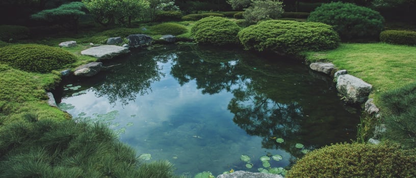 Tranquil Japanese garden with koi pond surrounded by lush greenery and serene landscape photo