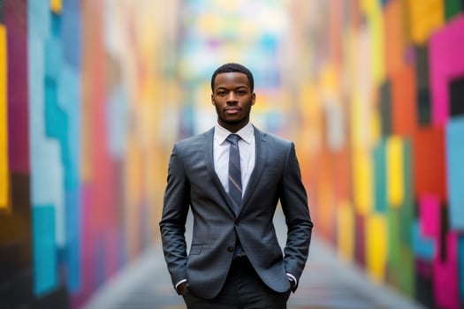 a man in a suit standing in front of a colorful wall photo