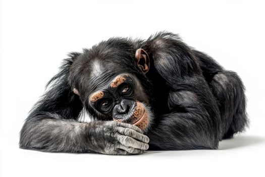 a chimpan is sitting down on the ground photo