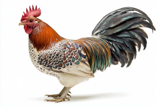 a rooster is standing in front of a white background photo