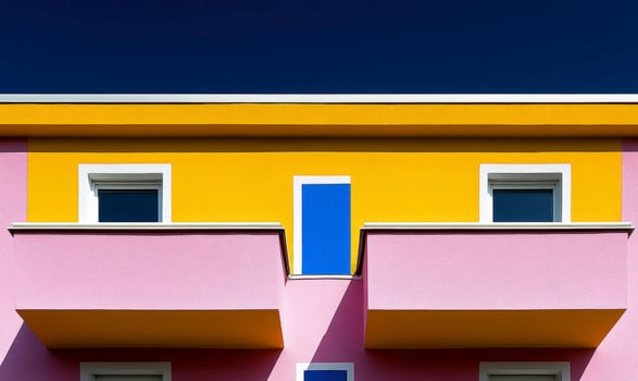 A colorful building with two balconies and a blue sky photo
