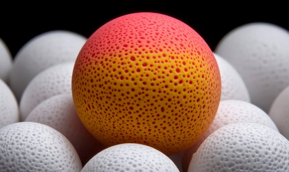 An egg is surrounded by white eggs photo