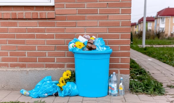 A blue trash can with a bunch of flowers and bottles photo
