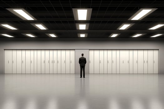 A man stands in front of a room full of lockers photo
