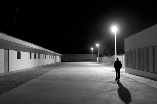 A person walking down an empty street at night photo