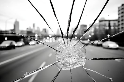 A broken windshield on a busy road with cars driving by photo