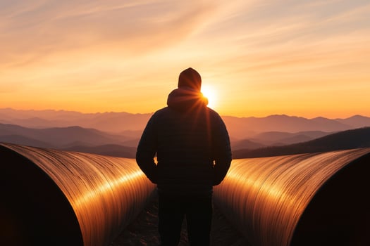 A man standing on top of a pipe at sunset photo