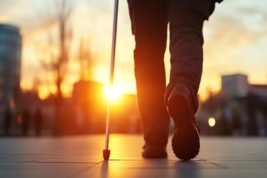 A person walking with a cane at sunset photo