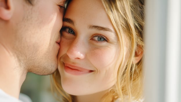 Man kissing woman on cheek showing love and affection photo