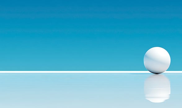Serene Background Featuring a White Sphere on a Calm Surface Reflecting a Clear Blue Sky, Ideal for Minimalistic and Modern Design Concepts photo