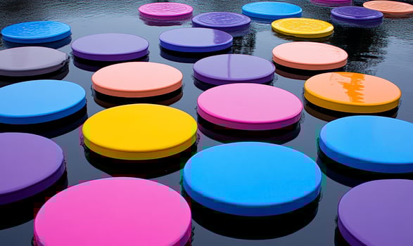 A large group of colorful plastic discs floating in a body of water photo