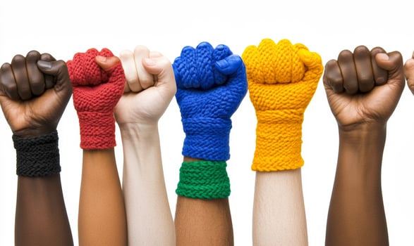 Diverse Hands with Knitted Gloves Raised in Unity Symbolizing Strength, Solidarity, and Diversity in Community Activism and Empowerment Efforts photo