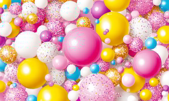 Colorful Abstract Background with Bright Bubbles and Shimmering Glitter in Pink, Yellow, White, Blue, and Gold for Celebratory Designs and Festive Themes photo