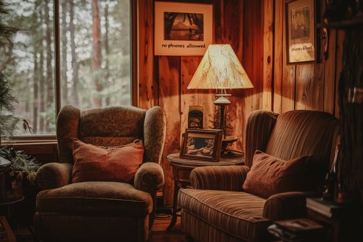 A welcoming living room features a comfortable armchair and stylish couch beside a wooden table. Warm light from a lamp enhances the cabins rustic charm, while nature is visible outside. photo