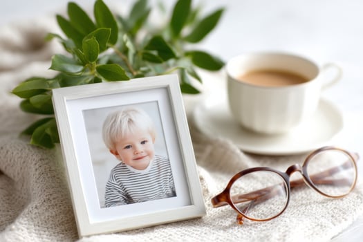 Grandchild photo in frame next to cup of tea and eyeglasses is bringing back memories