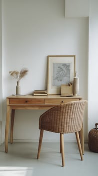 light wooden desk with two drawers is complemented by stylish chair, creating serene workspace. decor includes framed artwork and decorative items photo