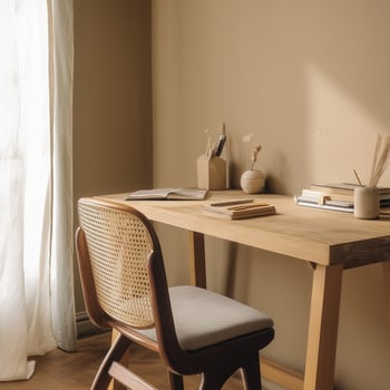 cozy desk made of natural wood with minimalist design, featuring books and decorative items, creating warm atmosphere photo