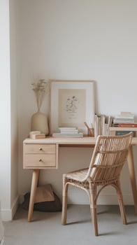 light wooden desk with two drawers, rattan chair, and decorative items creates cozy workspace. serene atmosphere inspires creativity photo