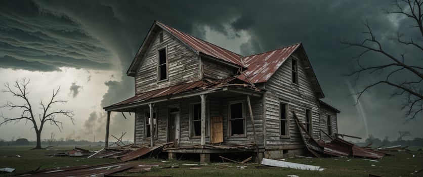 Abandoned wooden house left to face the tornado s fury. photo