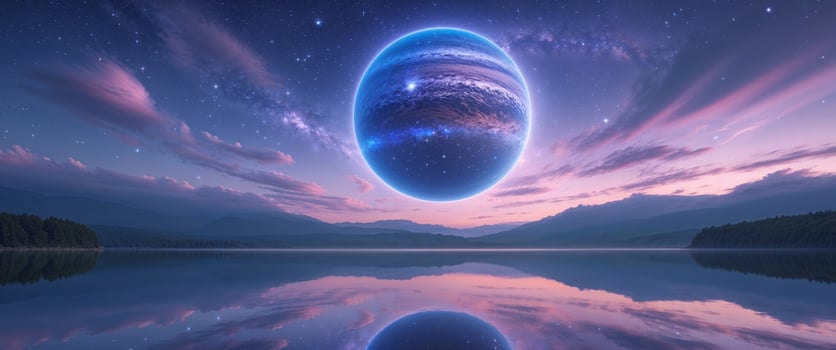 Stunning lake view with a large planet and cosmic sky at twilight. photo