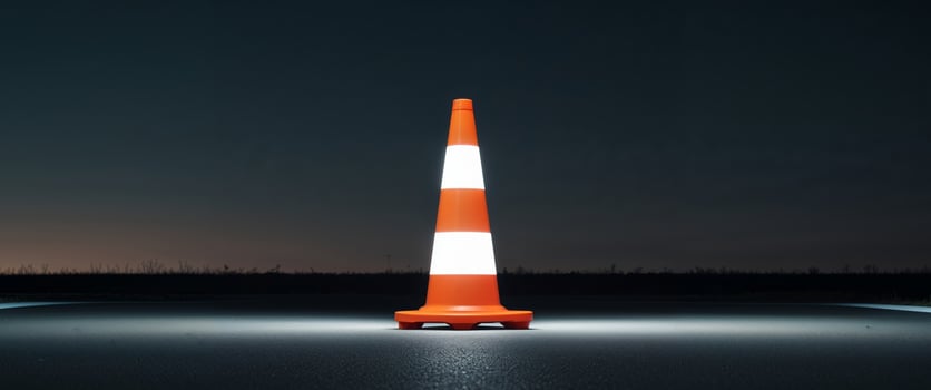 An orange and white road safety cone at night time. photo