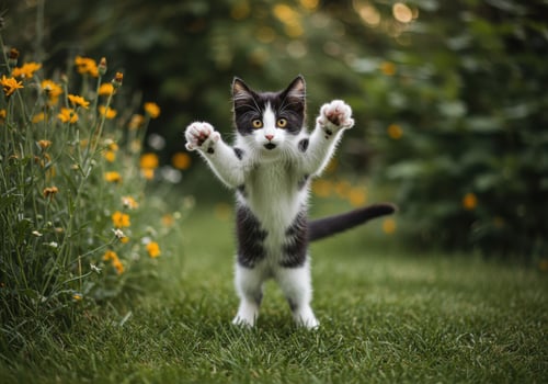 A curious kitten raises its paws, playing in a grassy field, with bright yellow flowers. photo