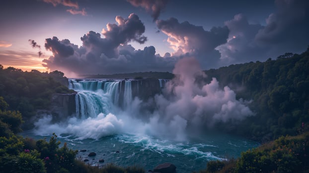 Majestic Waterfall with Dramatic Sky and Misty Surroundings photo