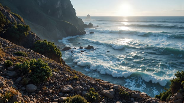 Serene Coastal Landscape with Waves and Rocky Outcrops at Sunset photo