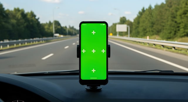 Smartphone displaying chroma key screen mounted on a vehicle dashboard offering a view photo