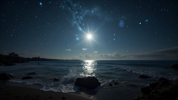 Starry Night Sky Over Ocean Waves Reflecting Moonlight Beauty photo