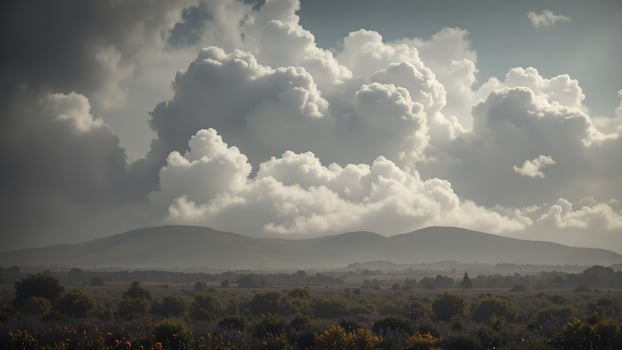 Scenic Landscape with Dramatic Clouds Over Rolling Hills at Dusk photo
