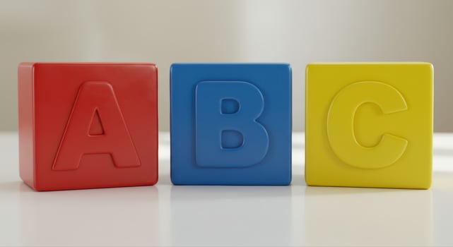 Brightly colored alphabet blocks displaying the letters a, b, and c arranged neatly. photo
