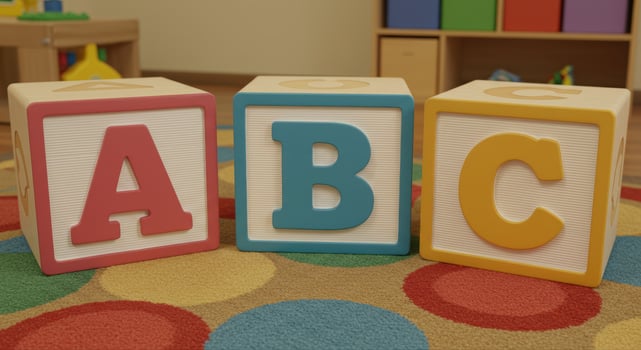 Three wooden blocks displaying the letters A, B, and C, promoting early literacy. photo
